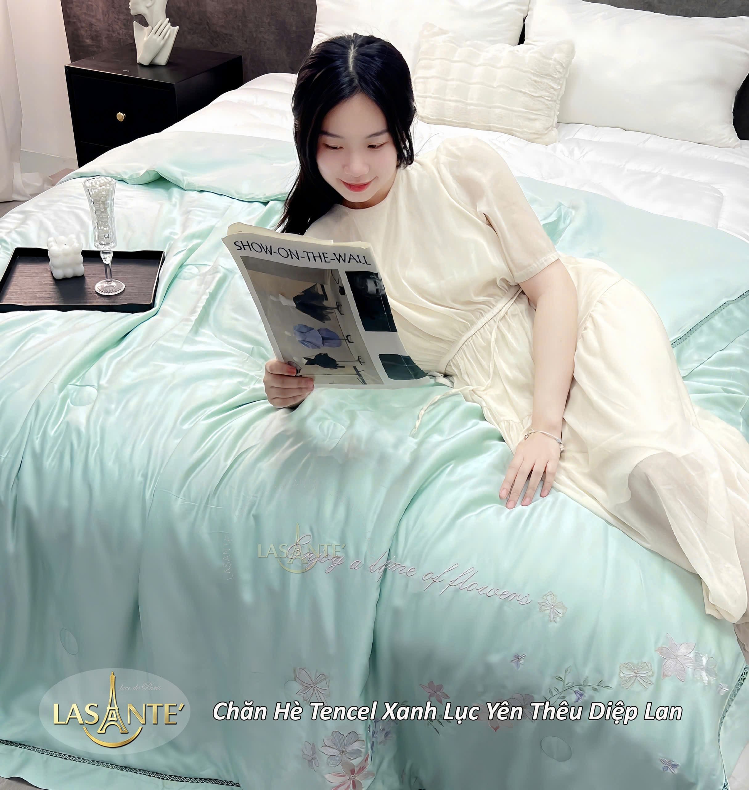 Chăn hè Tencel thêu Diệp Lan 9 Xanh Lục Yên (1) Min